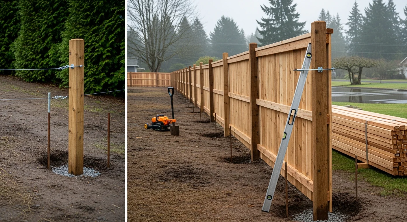 A newly installed wood privacy fence running along the rear boundary of a residential property in Snohomish County, Washington, with a graded lawn and mature evergreen trees visible in the background. The fence posts are set plumb and the panels are level across a gently sloping yard.