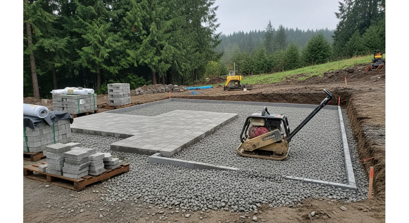 A finished stone patio and retaining wall installed by Summit Landscape Company on a sloped residential property in Snohomish County, Washington. The tiered hardscape includes a flat seating area, stacked stone wall, and a paver walkway leading from the home to the yard.