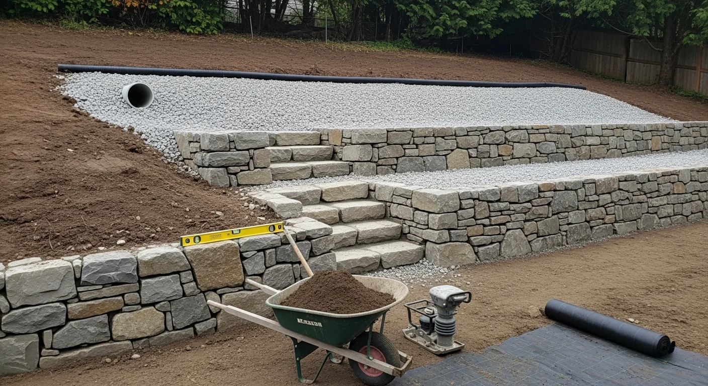 A newly constructed terraced retaining wall system on a sloped residential backyard in Snohomish County, Washington, with gravel drainage visible behind the lower wall course and flat usable lawn space created above each tier.